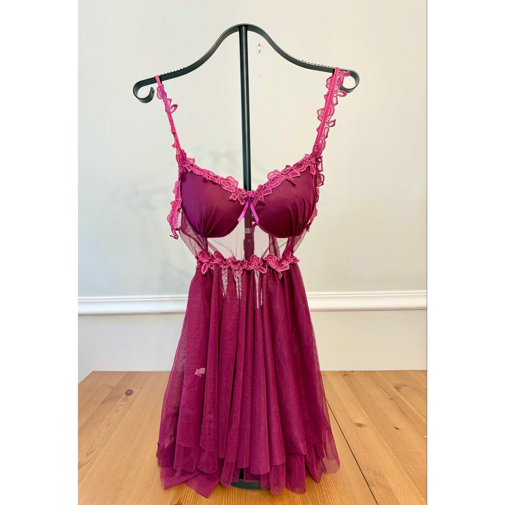 Sheer Plum Burgundy Babydoll Chemise Floral Lace Mesh Open Back Lingerie